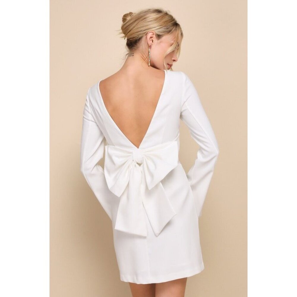 Lulus Elegant Cutie Ivory Bow Long Sleeve Backless Mini Dress White - Size S